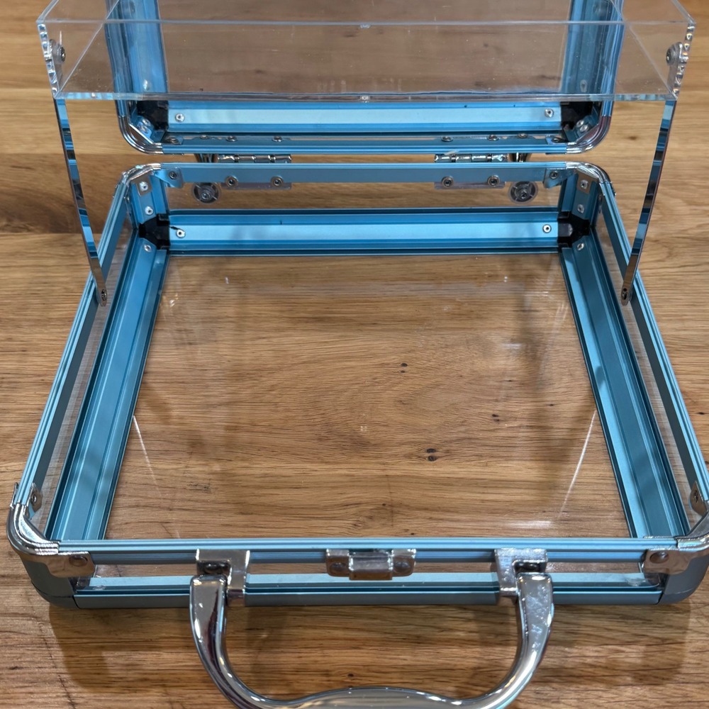 Clear Acrylic Makeup Train Case Blue Aluminum Frame Cantilever Tray Organizer - Picture 3 of 7